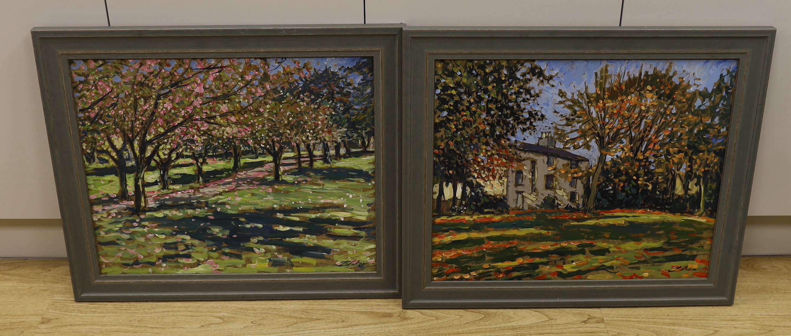 Michael Blaker (1928-2018), two oils on board, 'View of a house in Ellington Park, Ramsgate' and a 'View of an orchard', signed, 50 x 60cm